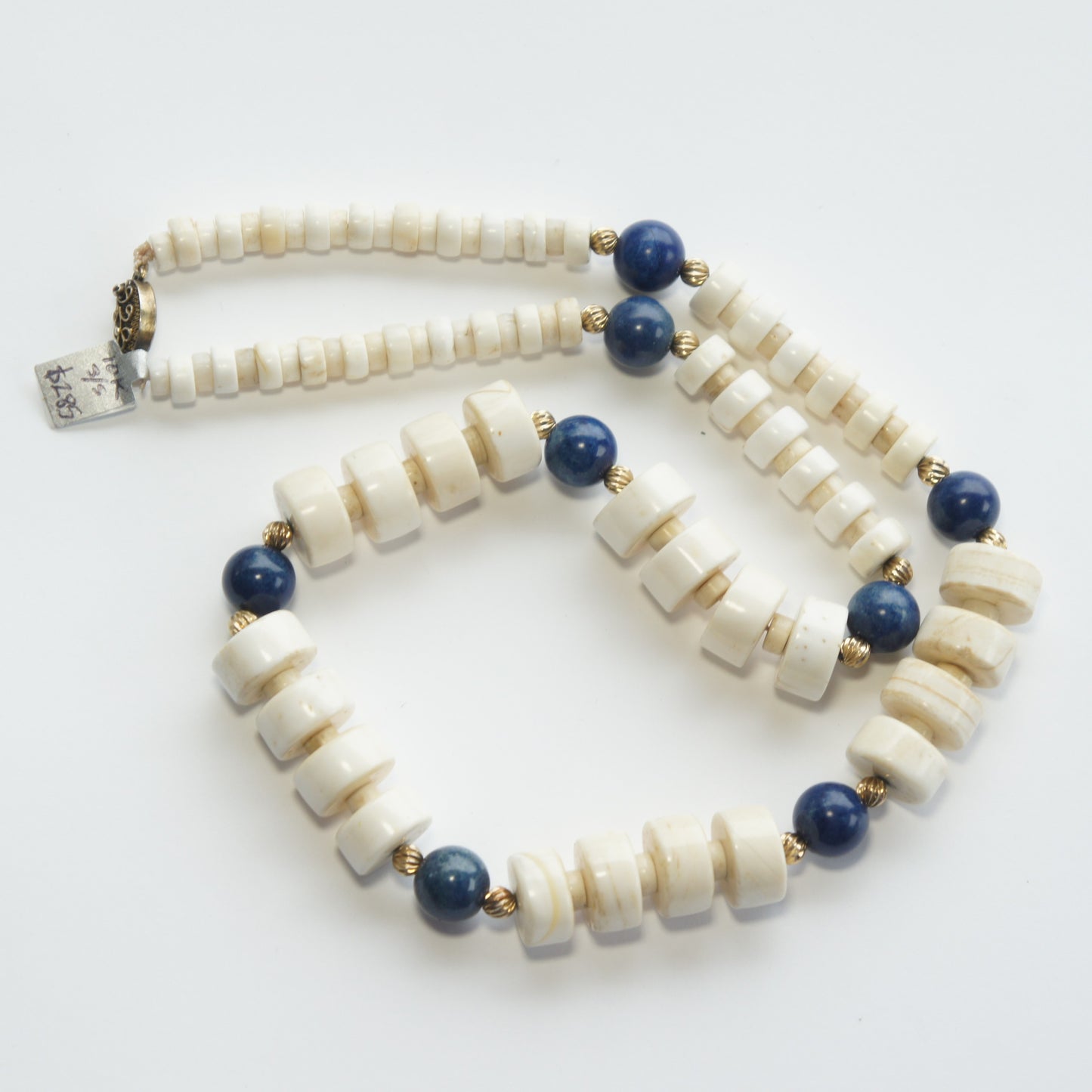 Estate Chinese Lapis Lazuli 10k Gold Graduated Carved Bead Necklace c1950-80