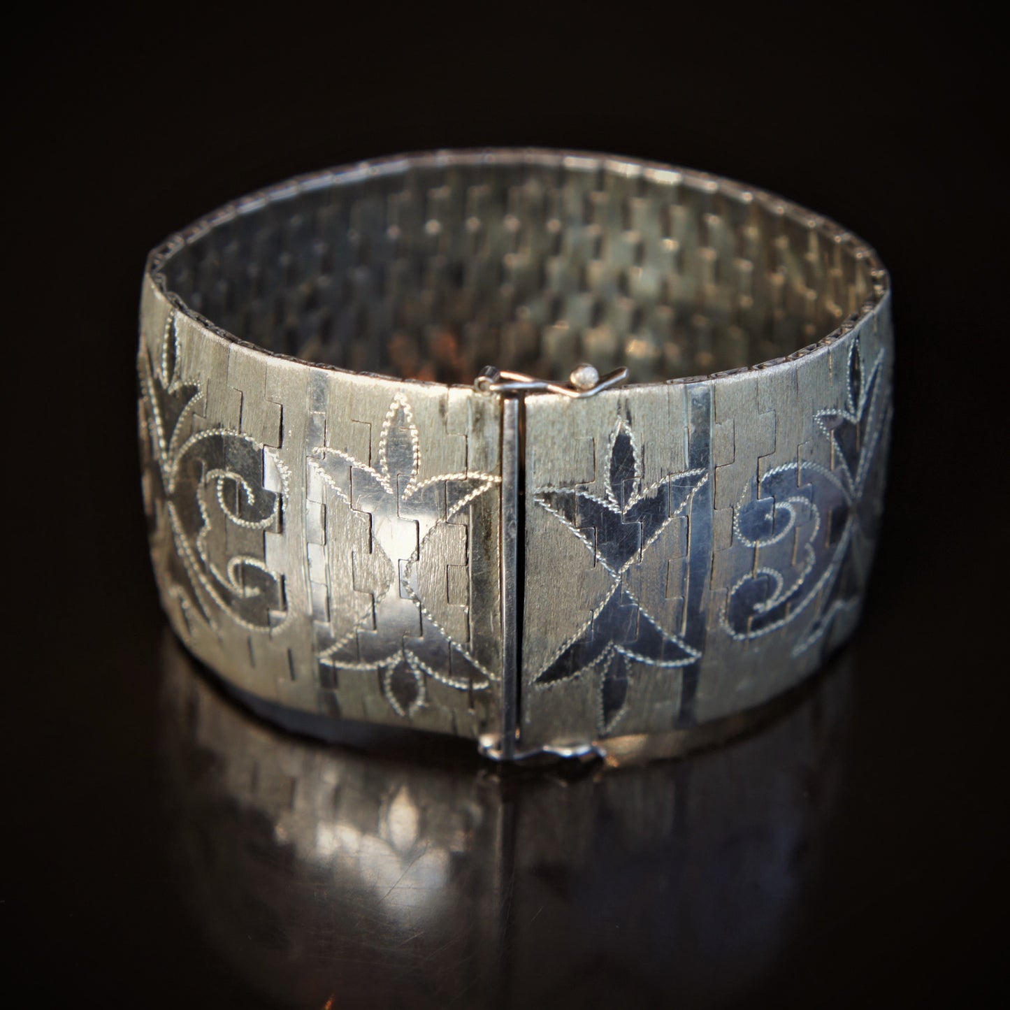 Mid Century Sterling Silver Woven steel Engraved Florentine Vermeil Finish Modern Cuff Bracelet