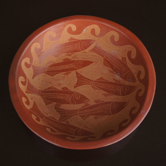Vintage Nicholas Fabian Signed Purepecha style Fish Motif Bowl Michoacan Mexico