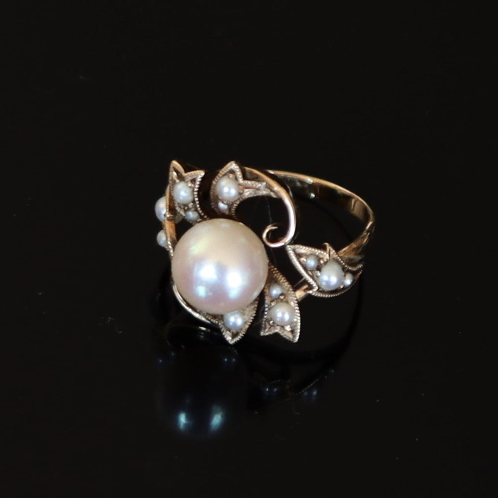 Antique 14k Yellow Gold 7.5mm Cultured Pearl Seed Pearl Vine Leaf Motif Set Ring sz3.75