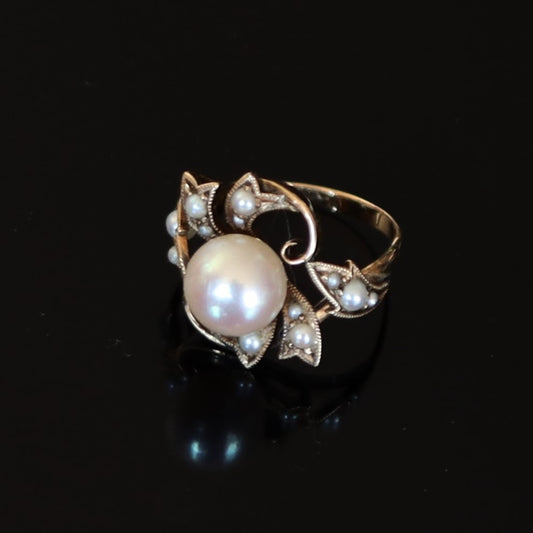 Antique 14k Yellow Gold 7.5mm Cultured Pearl Seed Pearl Vine Leaf Motif Set Ring sz3.75