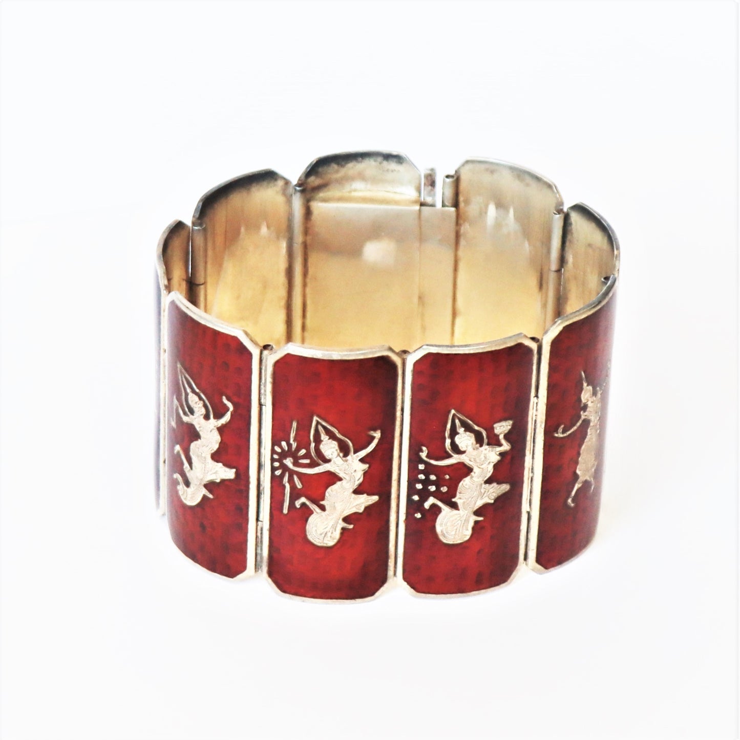 Gorgeous Thai Siam Sterling Silver Red Translucent Enamel Wide Statement Panel Bracelet Cuff