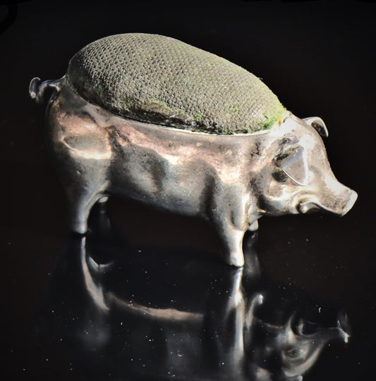 Antique British Sterling Silver Figural Pig Sewing Pin Cushion Henry Matthews c1912
