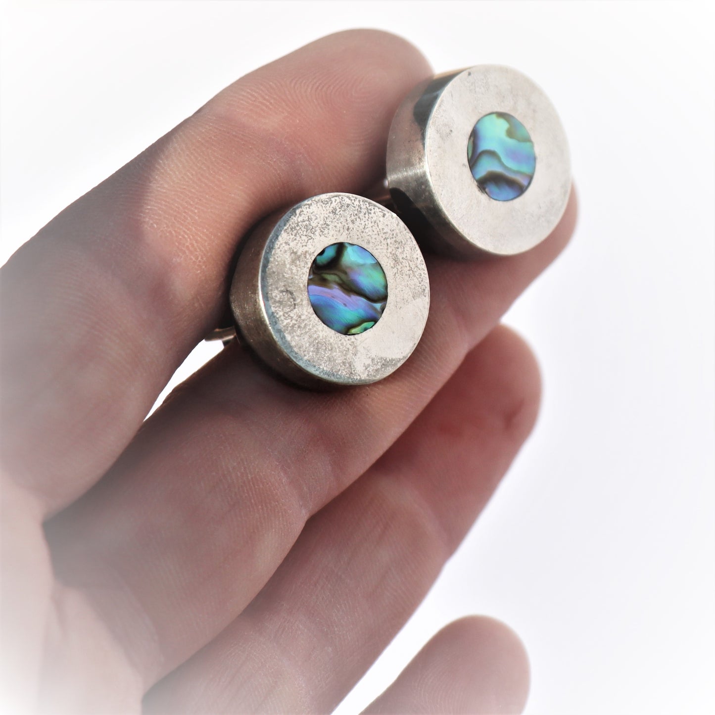 Mid Century Modern Sterling Silver Taxco Abalone Inlay Cufflinks c1970 Signed