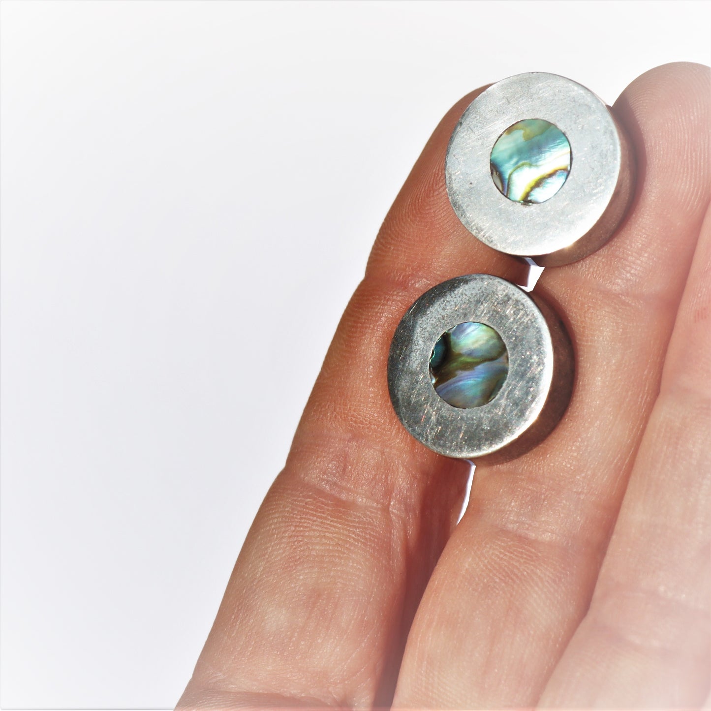 Mid Century Modern Sterling Silver Taxco Abalone Inlay Cufflinks c1970 Signed