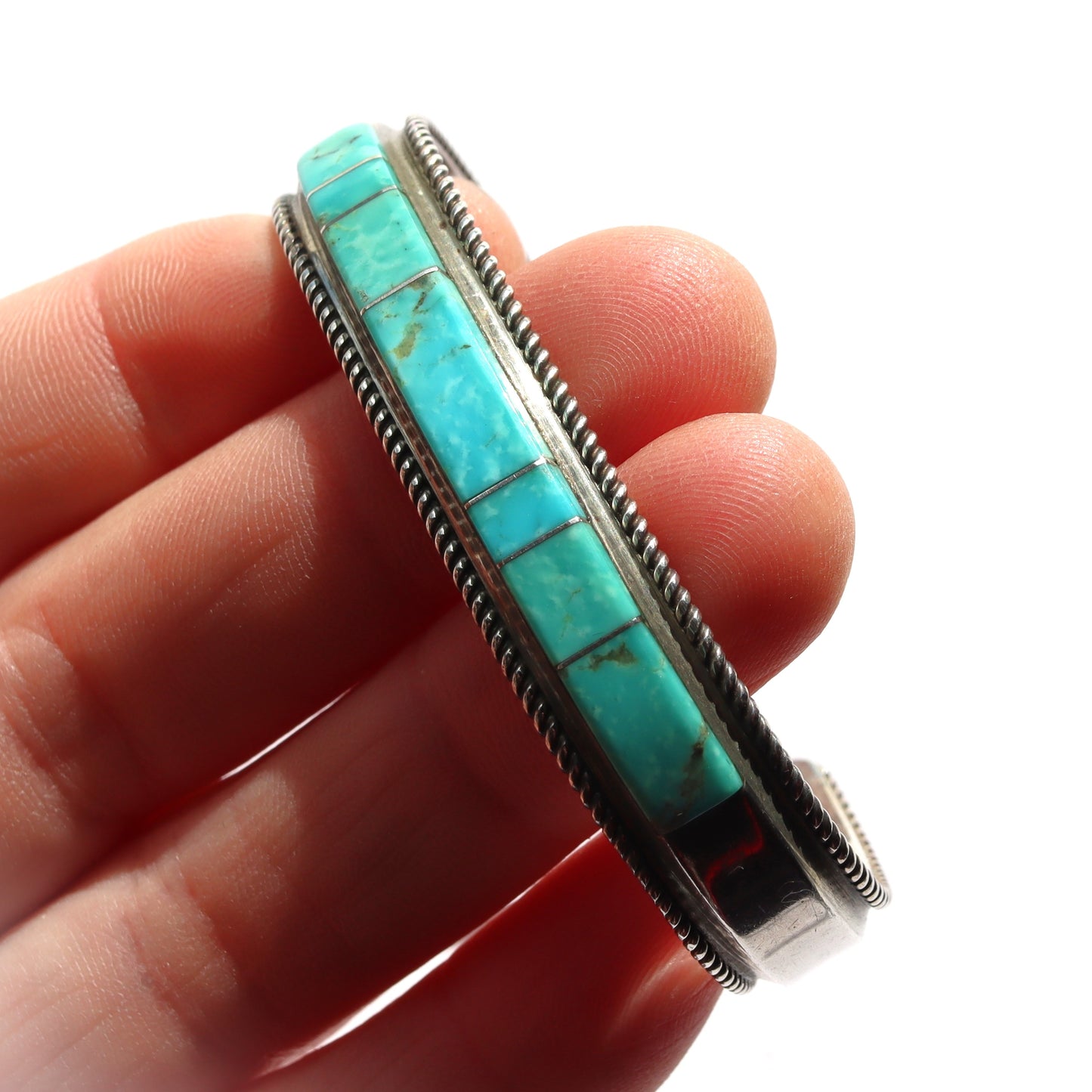 Vintage Navajo Sterling Silver Turquoise Inlay Cuff Bracelet Signed Foutz