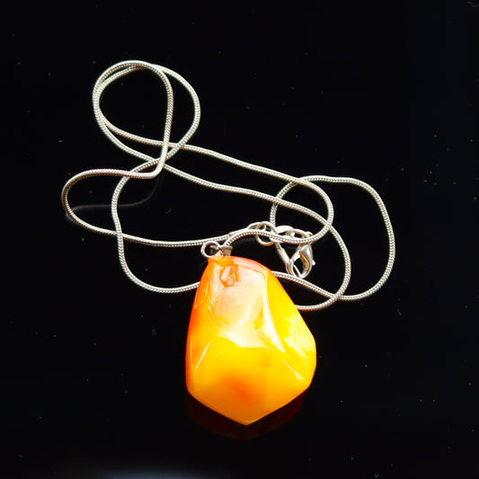 Mid Century Natural Egg Yolk Butterscotch Amber Pendant w/ Sterling Chain