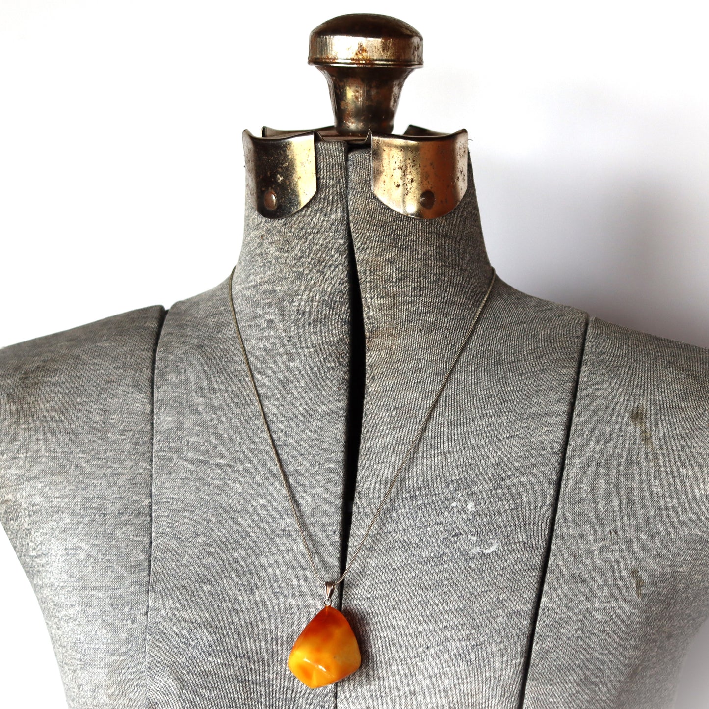Mid Century Natural Egg Yolk Butterscotch Amber Pendant w/ Sterling Chain