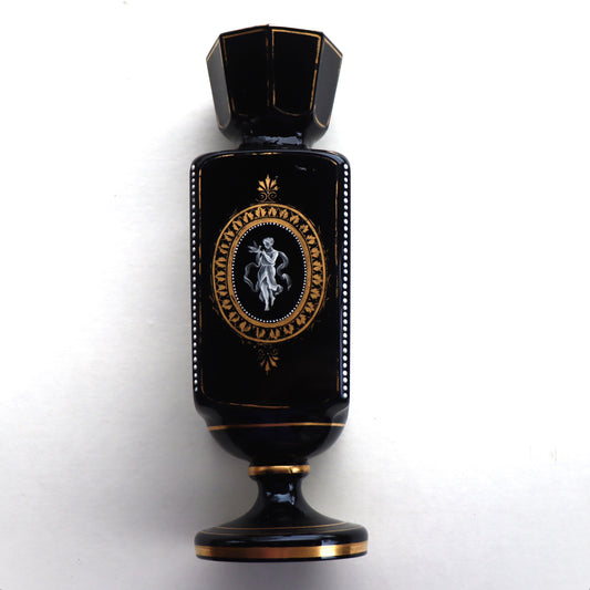Antique Victorian Bohemian Black Glass Gilded Enamel Harrach Vase c1860