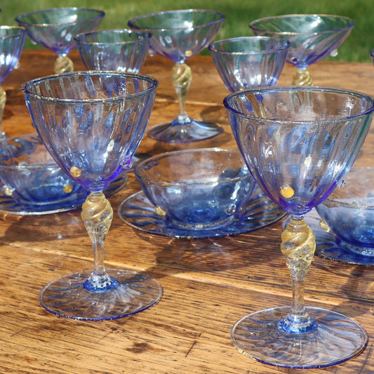 Amazing Italian Venetian Salviati Mouthblown Murano Blue Gold Leaf 5 Piece Glassware Set 30pcs