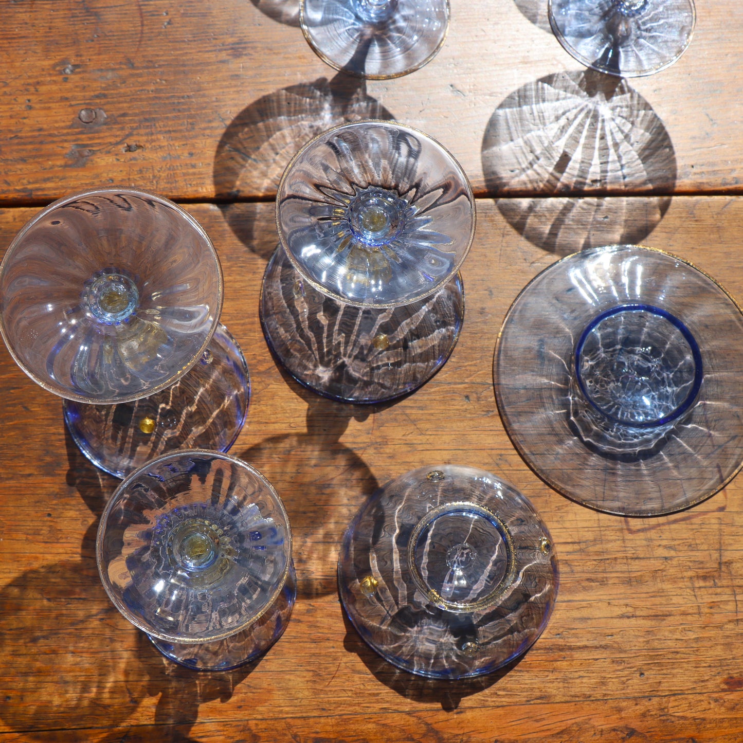 Amazing Italian Venetian Salviati Mouthblown Murano Blue Gold Leaf 5 Piece Glassware Set 30pcs