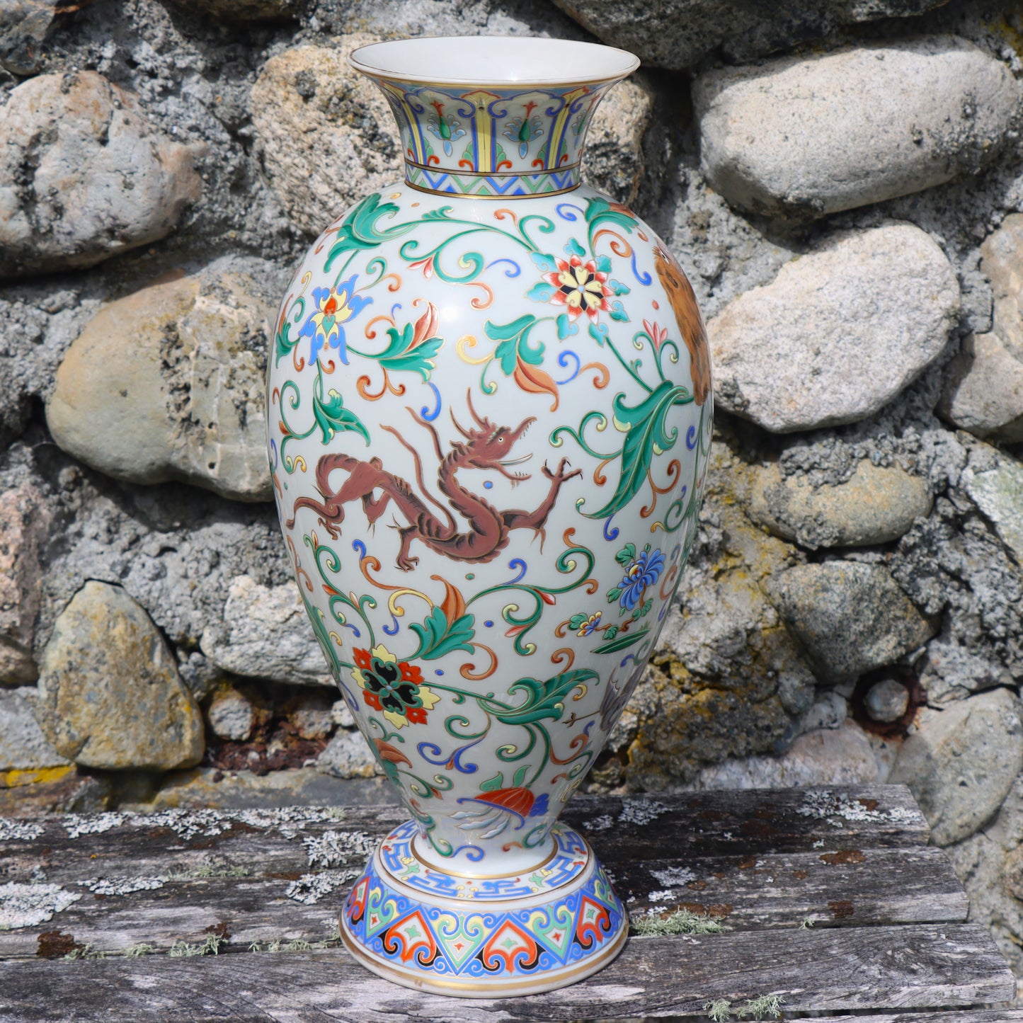 Rare 19thc Bohemian Czechoslovakian Milk Glass Enamel Vase Chinese Buddhist Symbolism 17"