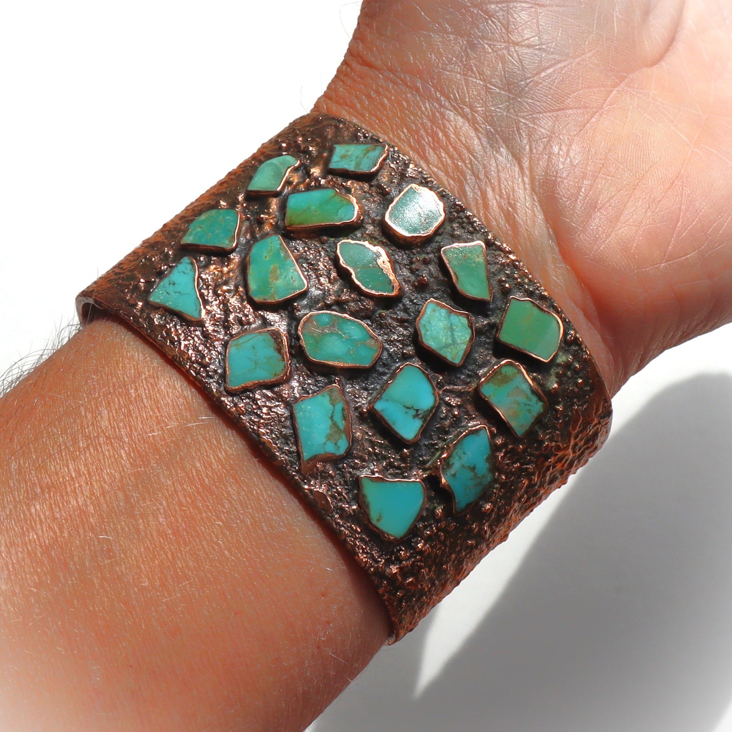 Vintage Mid Century Modern Solid Copper Bell Turquoise Inlaid Molten Cuff Bracelet