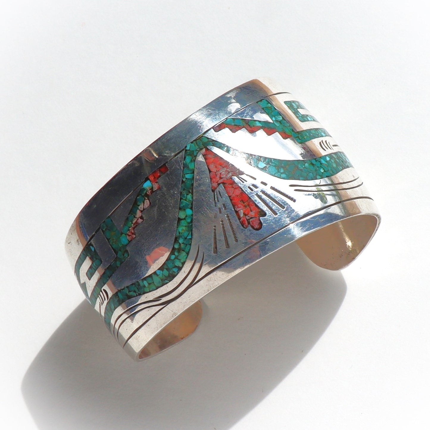 Vintage Navajo Sterling Silver Turquoise & Coral Chip Composite Inlay Asymmetrical Cuff Bracelet Signed