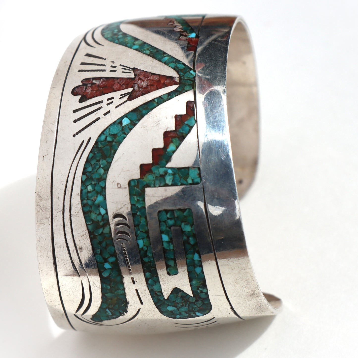 Vintage Navajo Sterling Silver Turquoise & Coral Chip Composite Inlay Asymmetrical Cuff Bracelet Signed