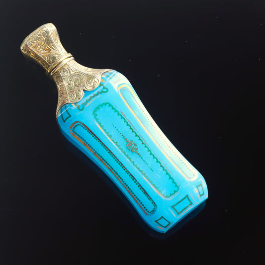 Antique French Sevres Blue Opaline Glass Sterling Vermeil Lay Down Perfume Bottle Flask c1850