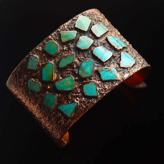 Vintage Mid Century Modern Solid Copper Bell Turquoise Inlaid Molten Cuff Bracelet