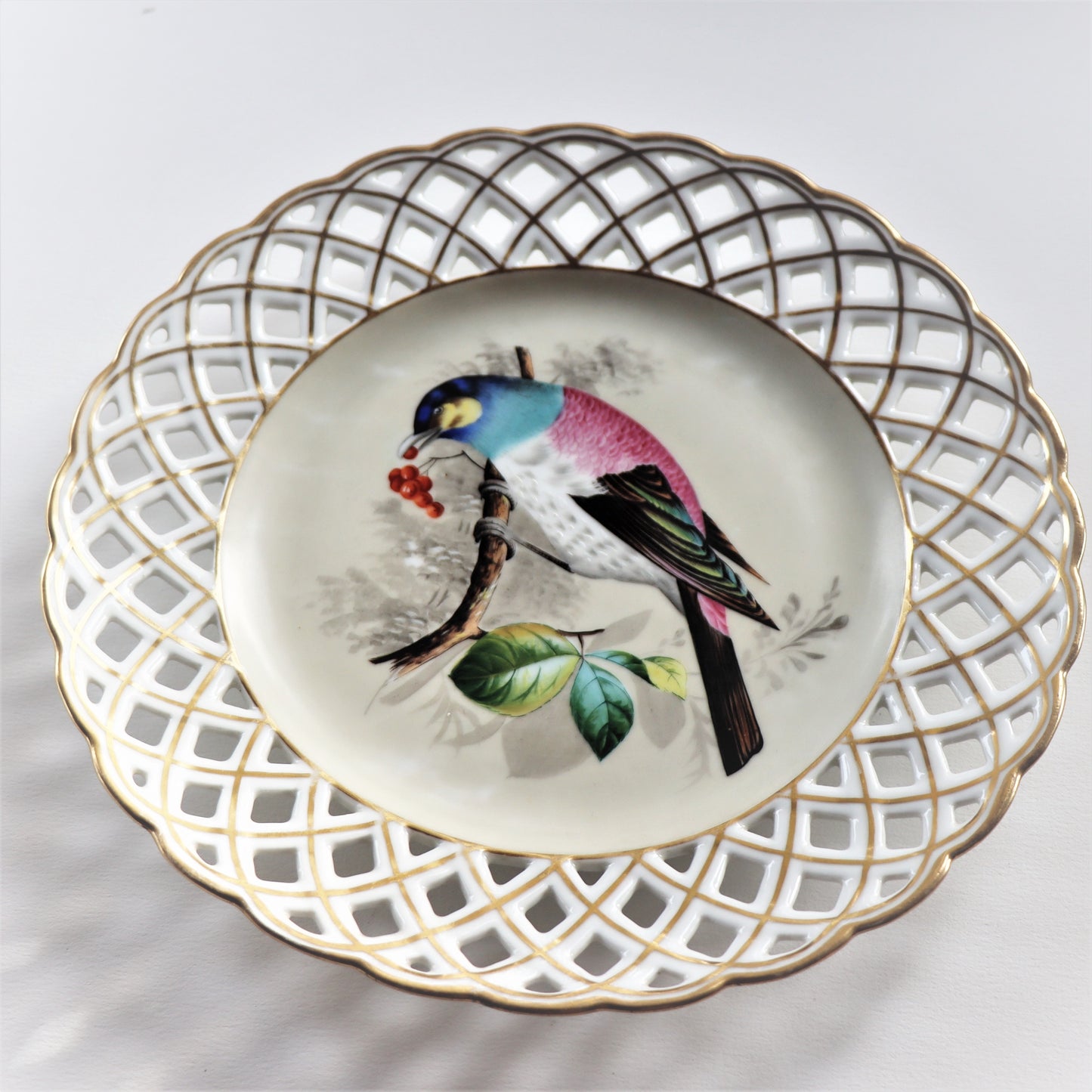 Antique German Berlin Porcelain Hand Painted Reticulated Bird Presentation Plate c1860