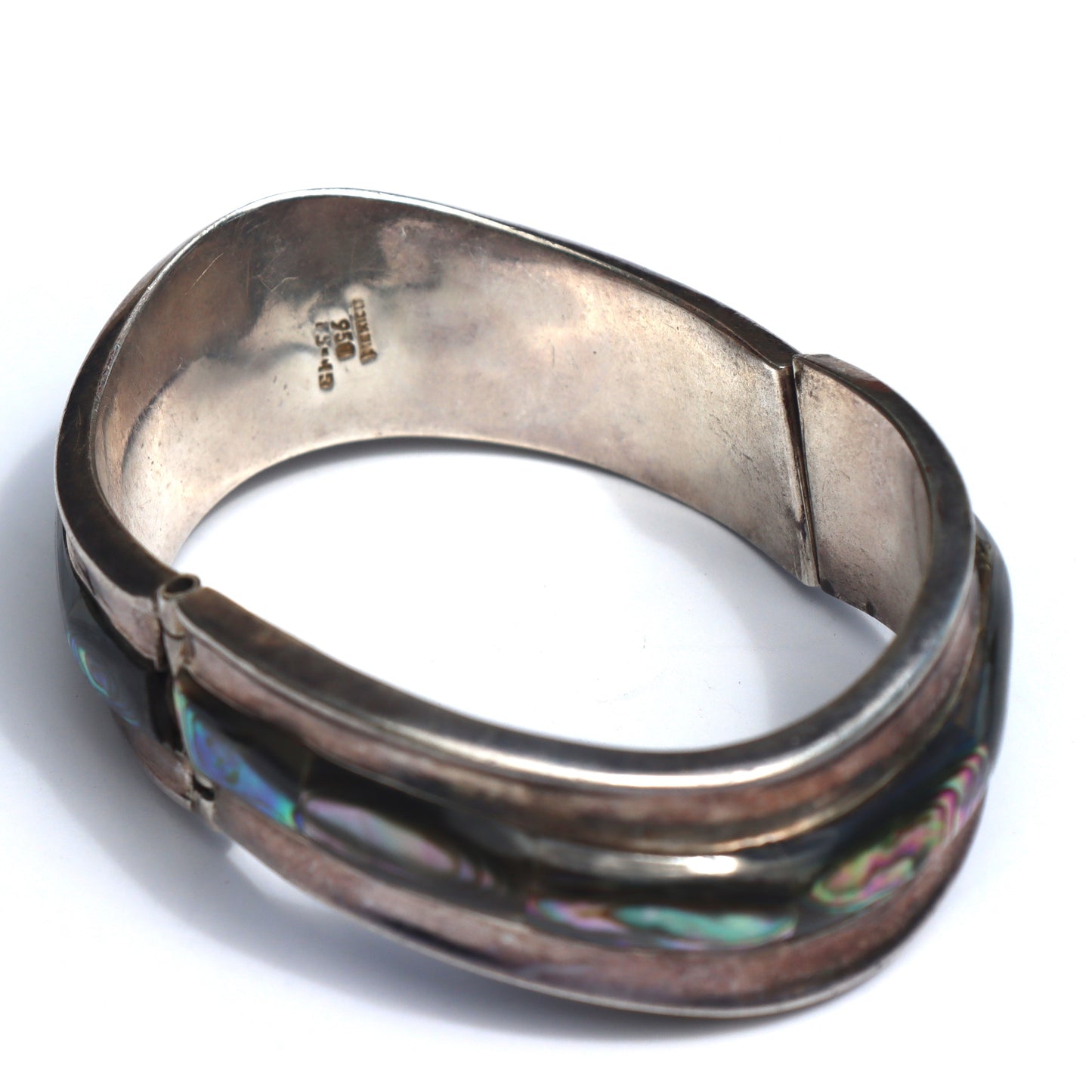 Vintage Taxco Mexico Mid Century Modern Sterling Silver Abalone Inlay Large Hinged Bracelet