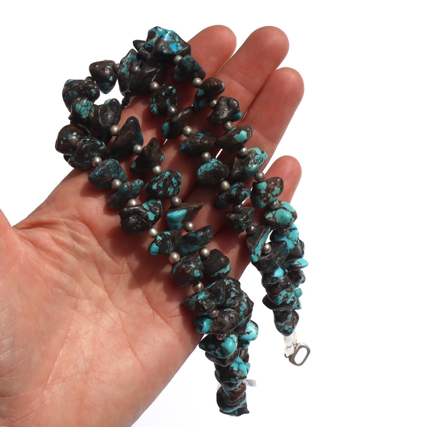 Vintage Santo Domingo Sterling Silver Turquoise Rough Polished Nugget Double Strand Necklace