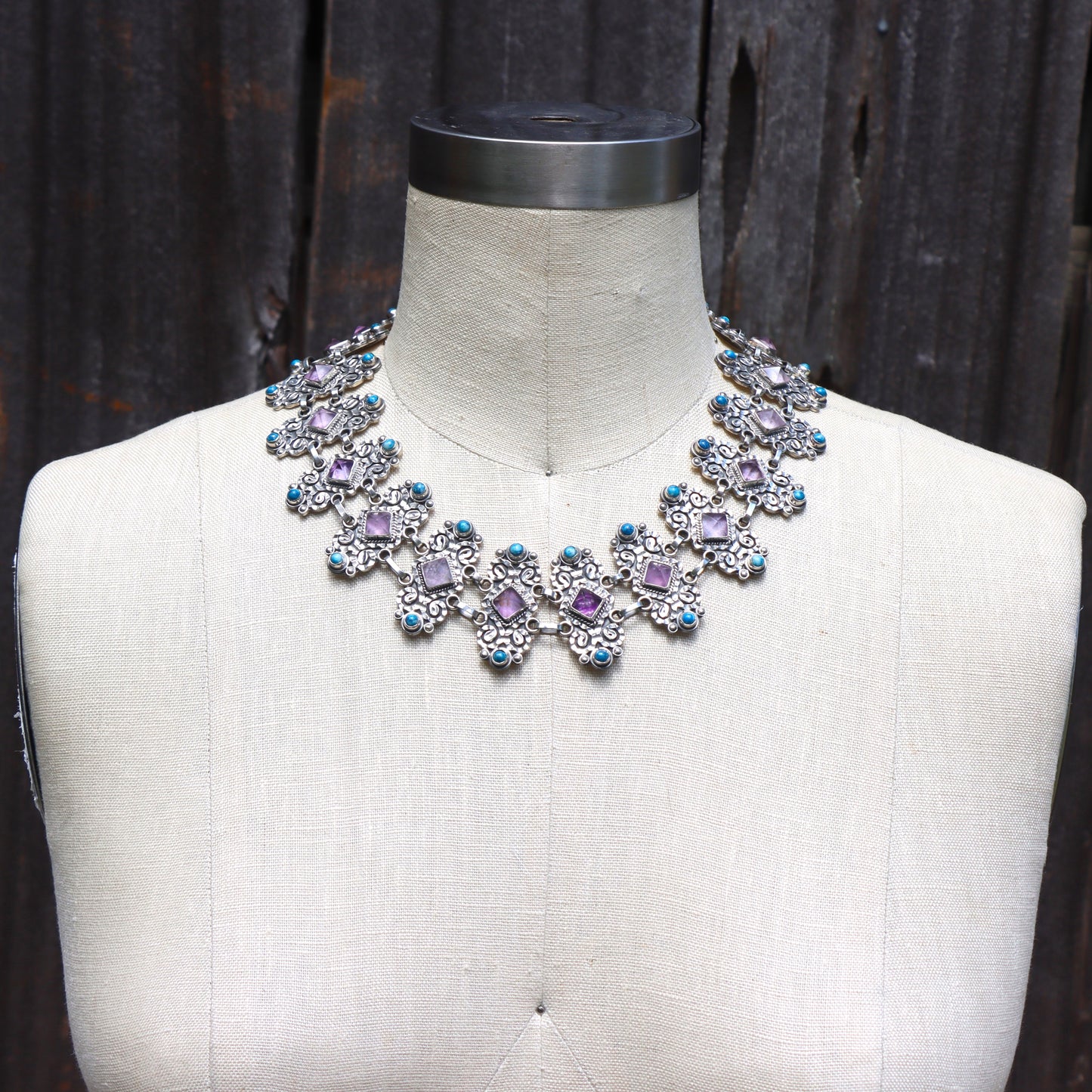 Vintage Taxco Mexico Sterling Silver Amethyst Lapis Statement Collar Necklace