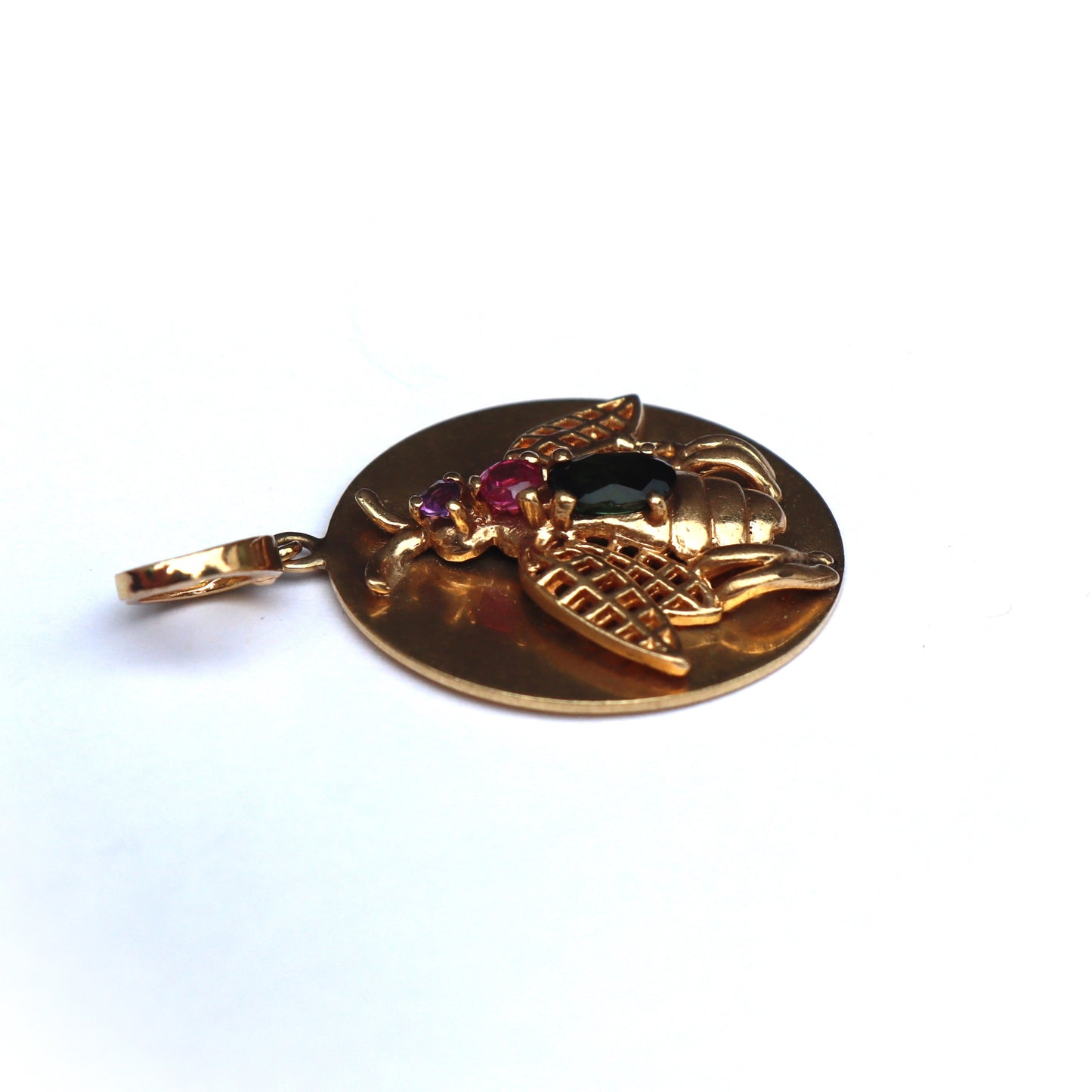 Vintage Mid Century 14k Gold Amethyst, Ruby & Tourmaline Insect Bug Pendant