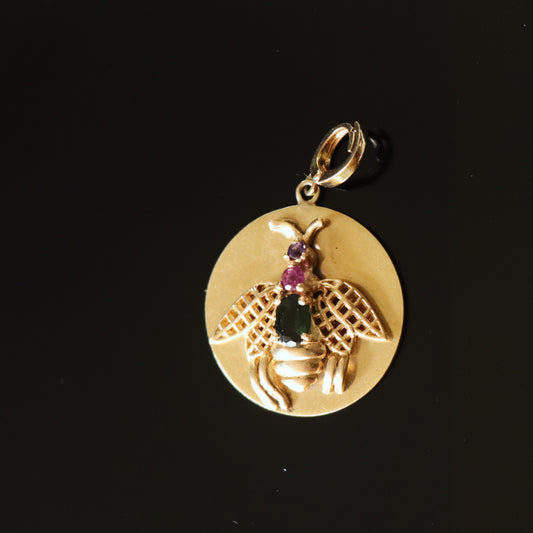 Vintage Mid Century 14k Gold Amethyst, Ruby & Tourmaline Insect Bug Pendant
