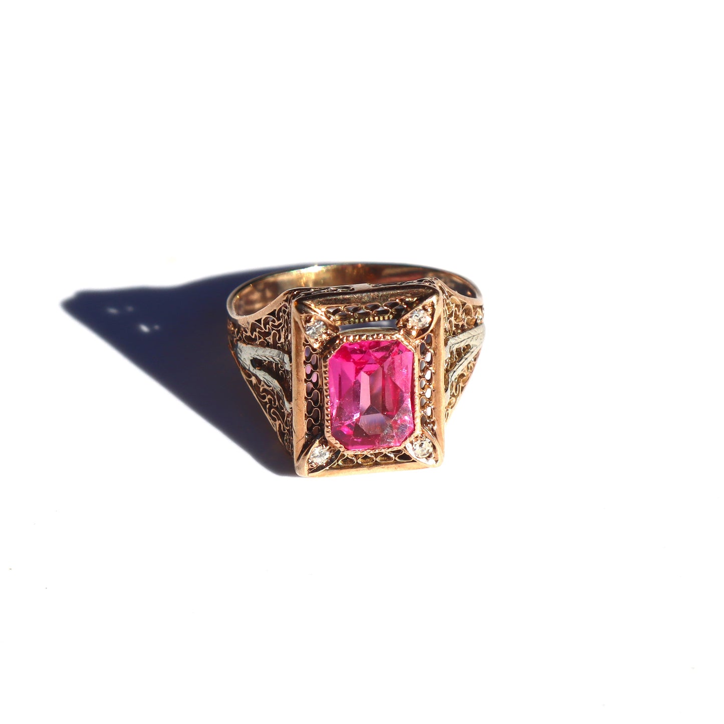 Art Nouveau c1910 Pink Corundum 14k Yellow Gold Filigree Diamond Statement Ring