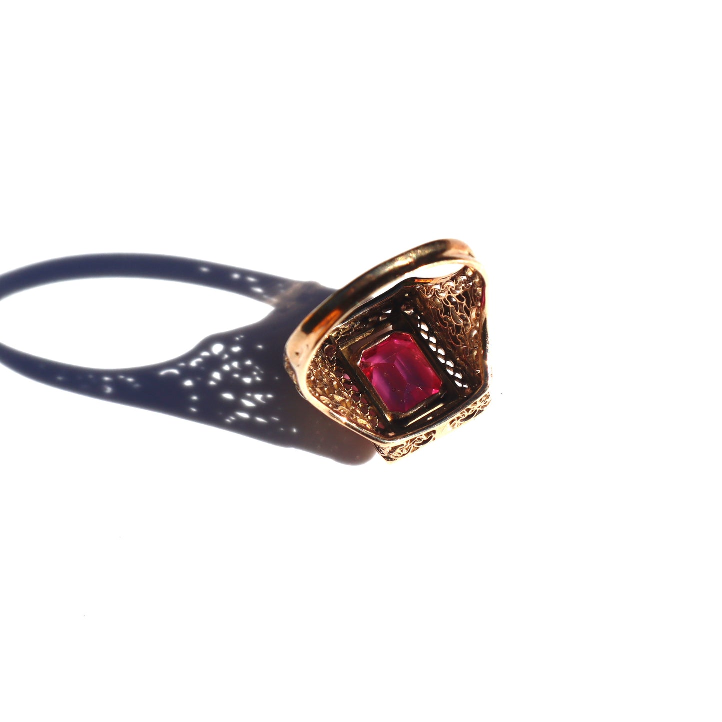 Art Nouveau c1910 Pink Corundum 14k Yellow Gold Filigree Diamond Statement Ring