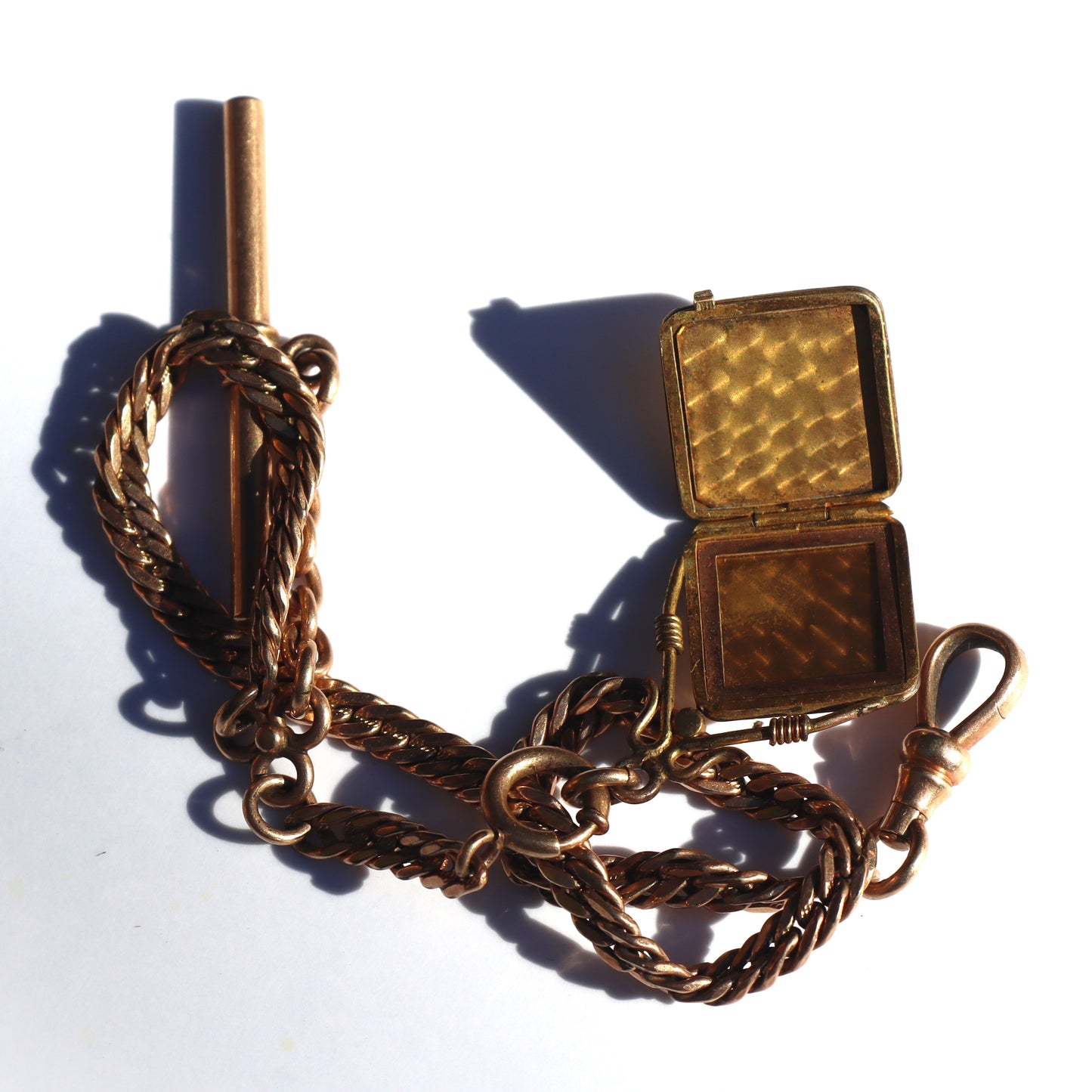 Art Deco Yellow Gold Plate Fancy Pocket Watch Chain Locket Fob Charm and T-Bar c1910-20
