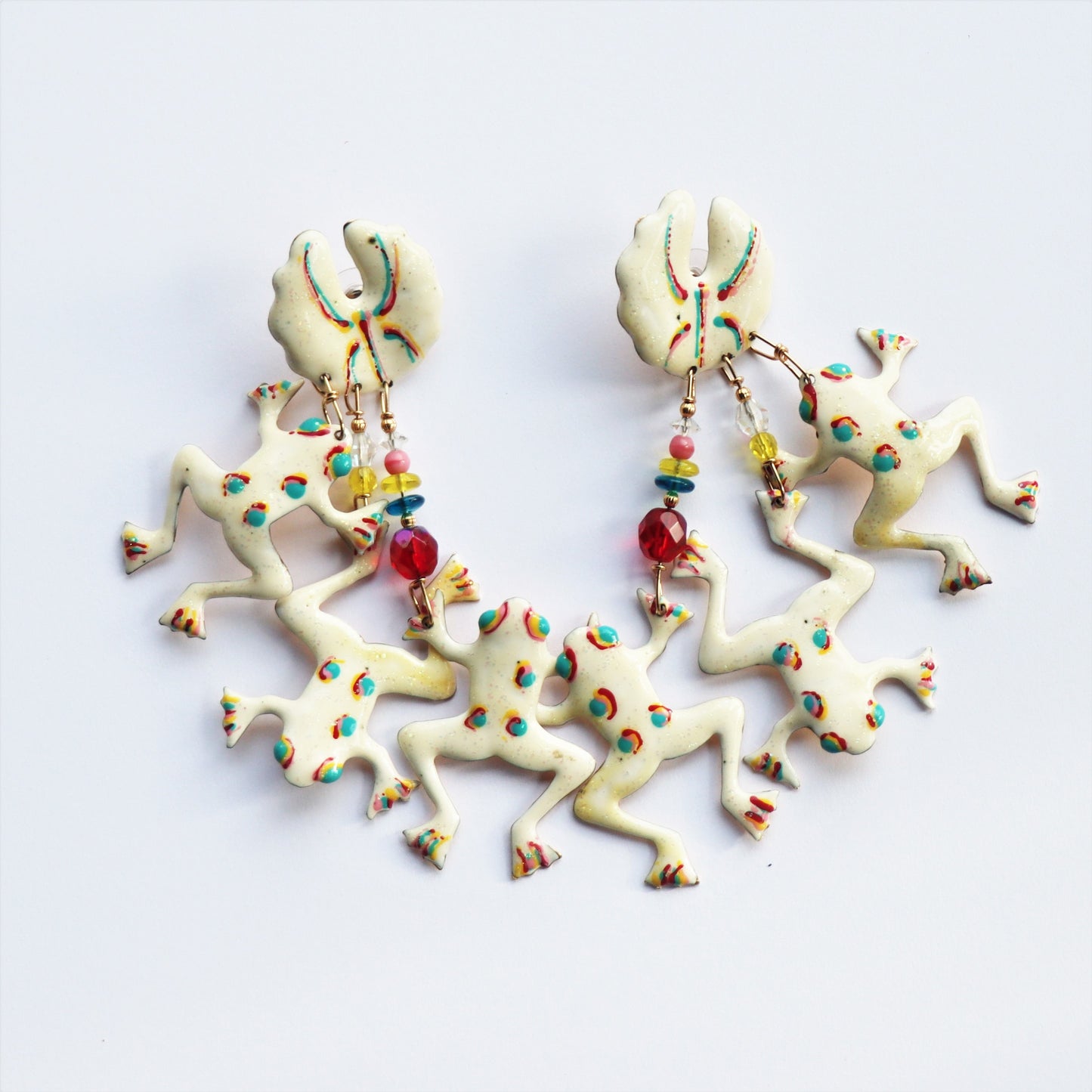 Early Lunch at the Ritz Gold Tone Rare White Enamel Bead 1988 Frog Earrings