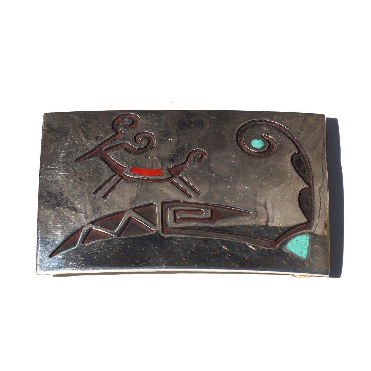 Vintage Hopi Overlay style Zuni Sterling Silver Inlaid Antelope Totem Belt Buckle