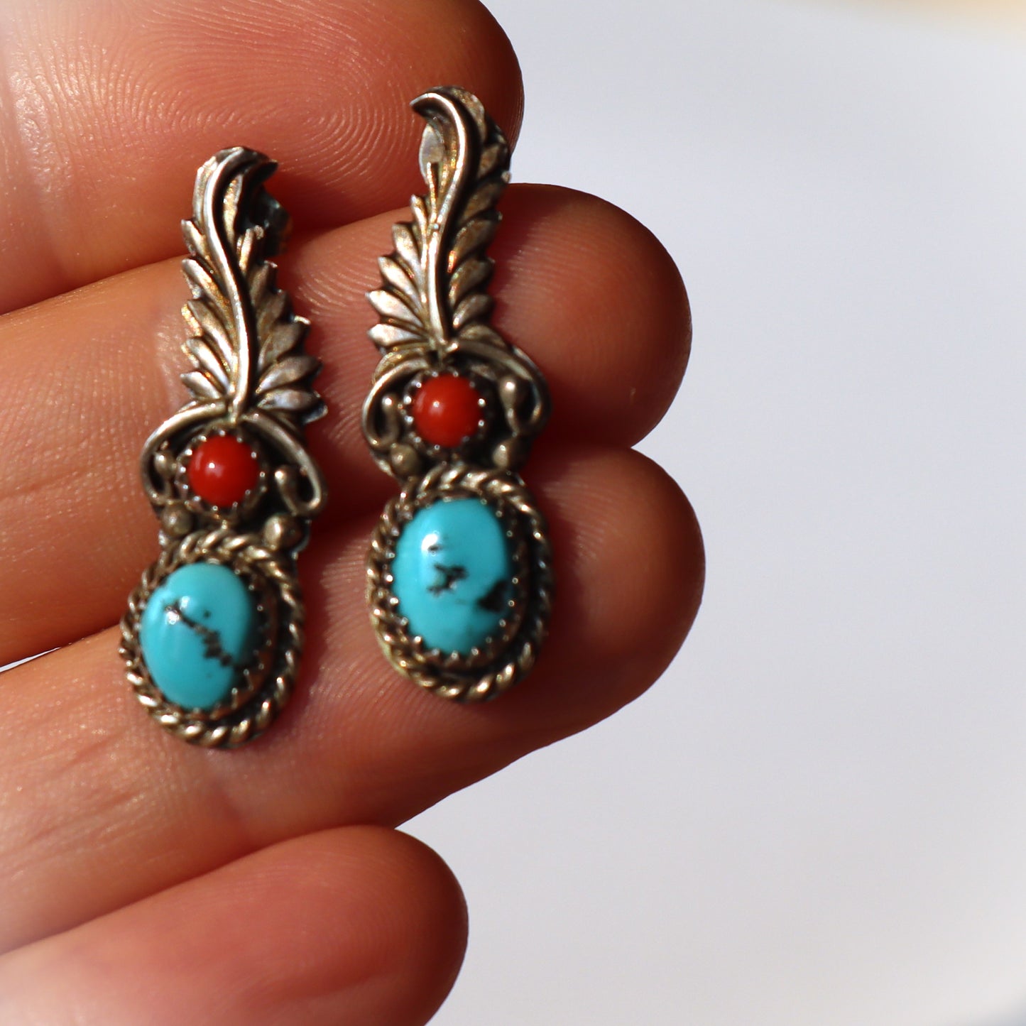 Vintage Navajo Turquoise Sterling Silver Coral Feather Pierced Earrings R Delgarito