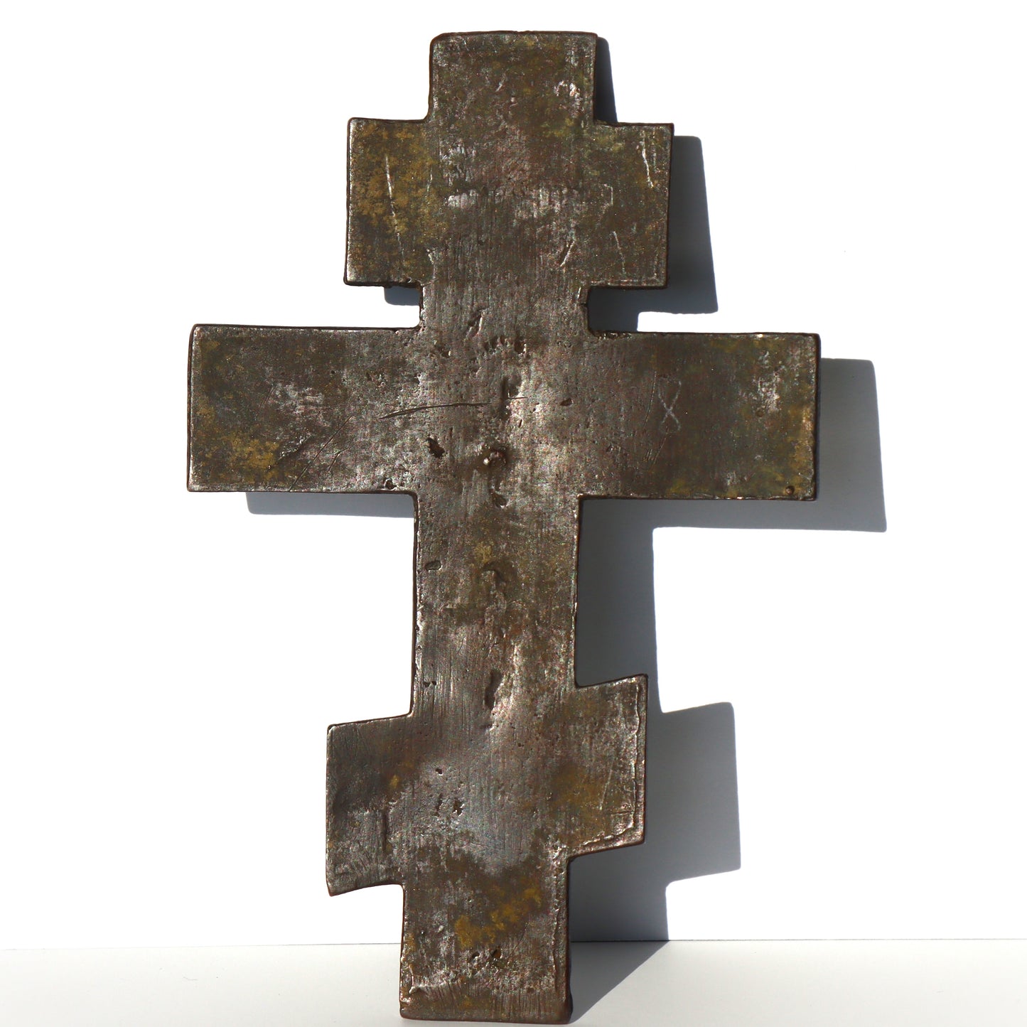 Antique c1800 Imperial era Russian Cast Bronze Enamel Orthodox Cross Icon