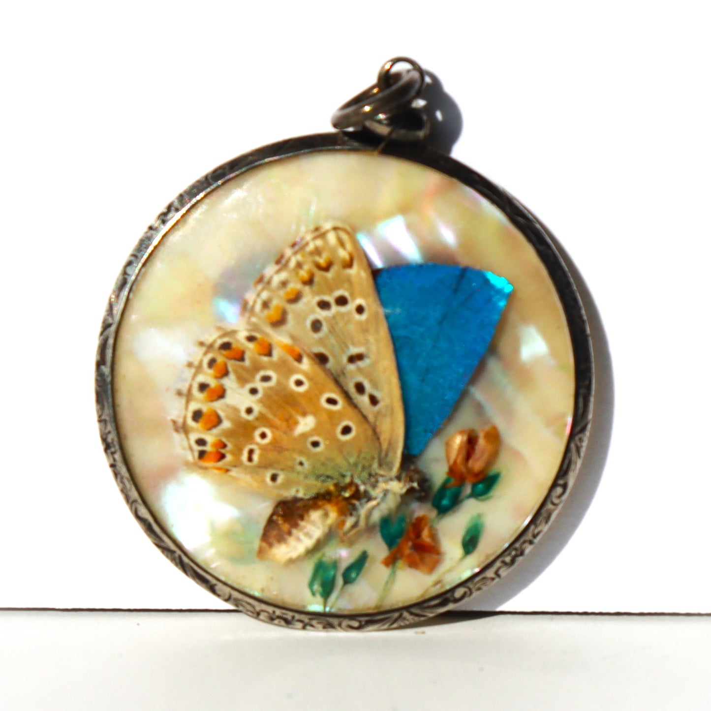 Victorian Sterling Silver Morpho Butterfly Art Double Sided Mother of Pearl Locket Pendant