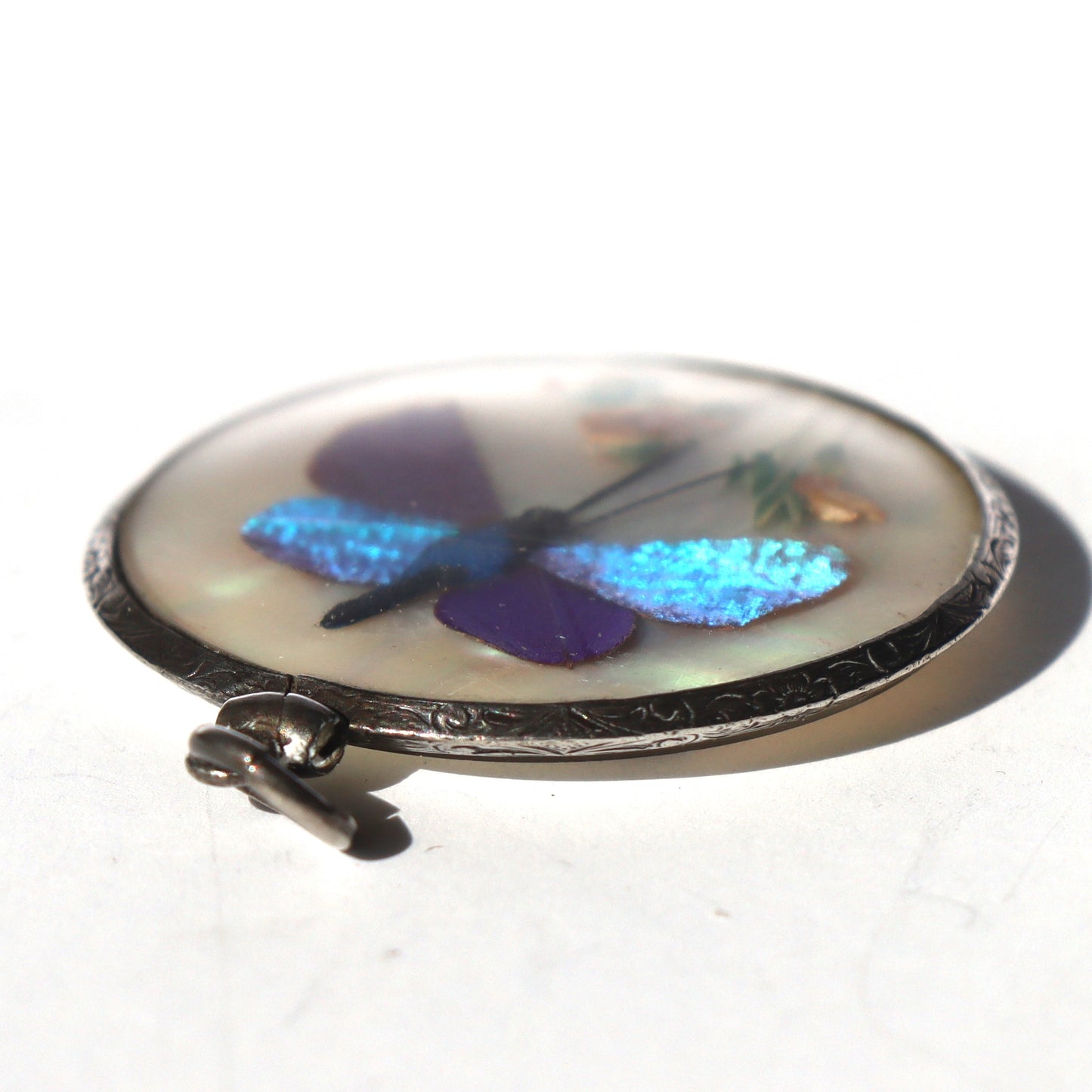 Victorian Sterling Silver Morpho Butterfly Art Double Sided Mother of Pearl Locket Pendant