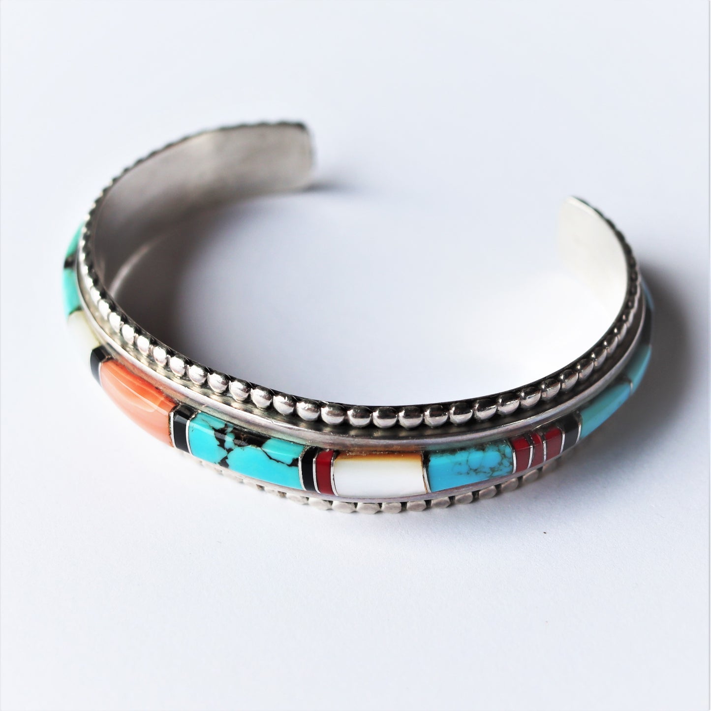 Mid Century Navajo Sterling Silver Multi Stone Inlaid Cuff Bracelet Dean Brown