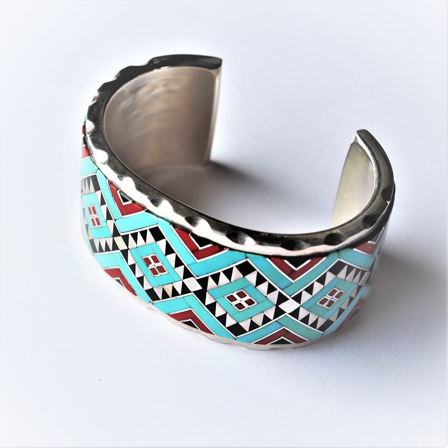 Vintage Allen Brown Navajo Silver Turquoise Red Dog Onyx Inlaid Cuff Bracelet