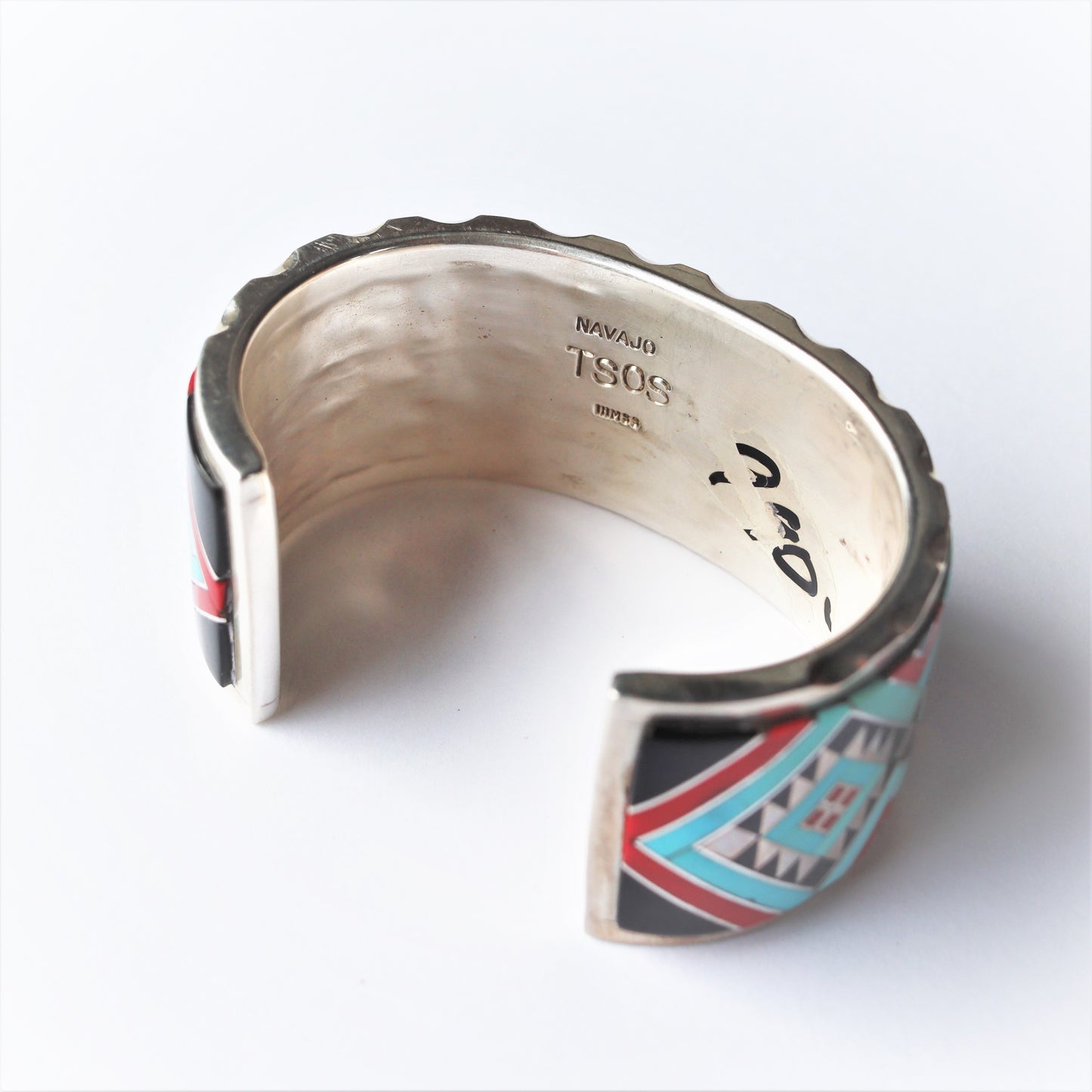 Vintage Allen Brown Navajo Silver Turquoise Red Dog Onyx Inlaid Cuff Bracelet