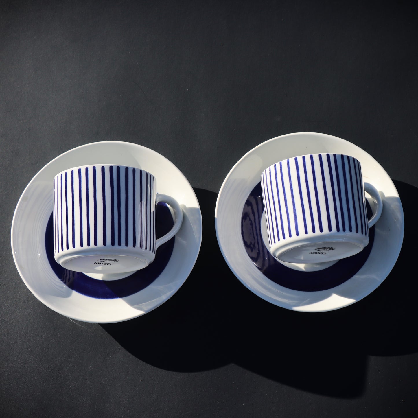 Pair of Swedish Rostrand Hertha Bengtson Kadett Mid Century Modern Blue cups & saucers