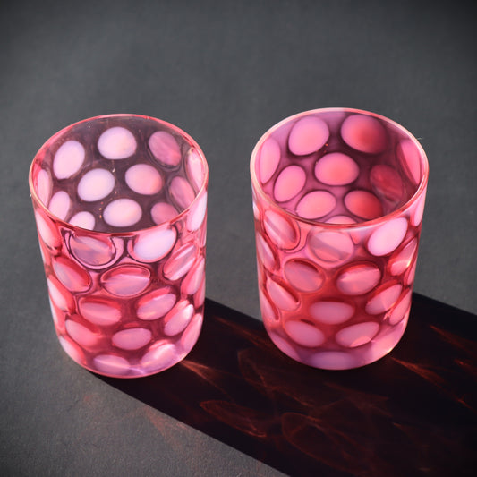 Pair of Vintage Fenton Cranberry Glass Fluorescing Coin Dot Tumblers c1948