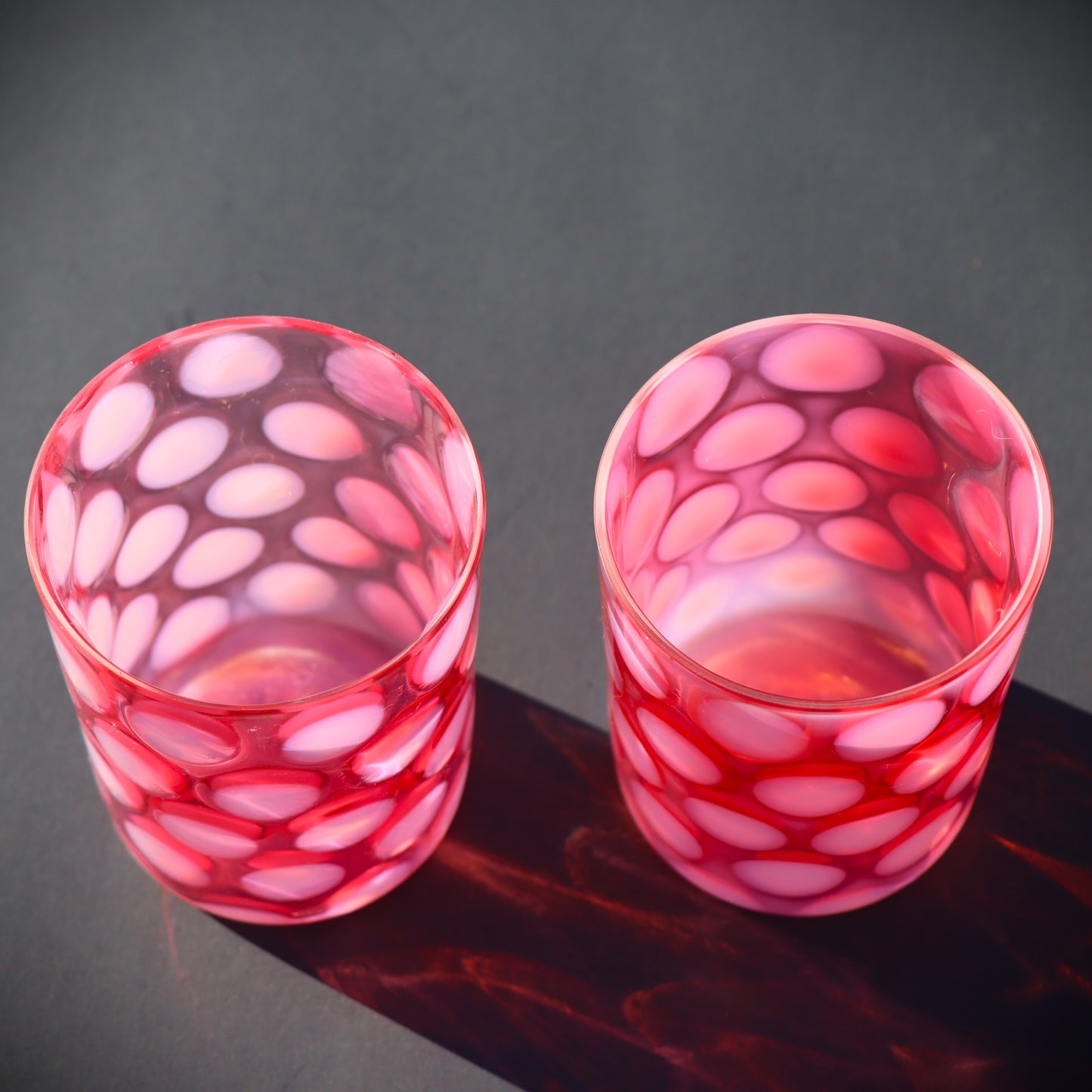 Pair of Vintage Fenton Cranberry Glass Fluorescing Coin Dot Tumblers c1948