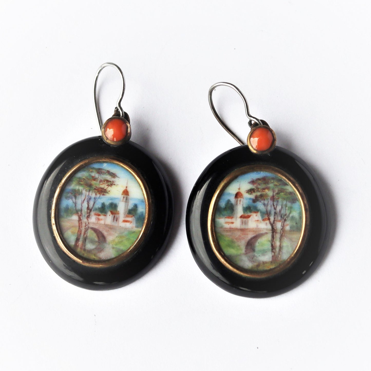 Antique Russian Jet Gold and Coral Earrings w/ Hand Painted Miniature Landscape