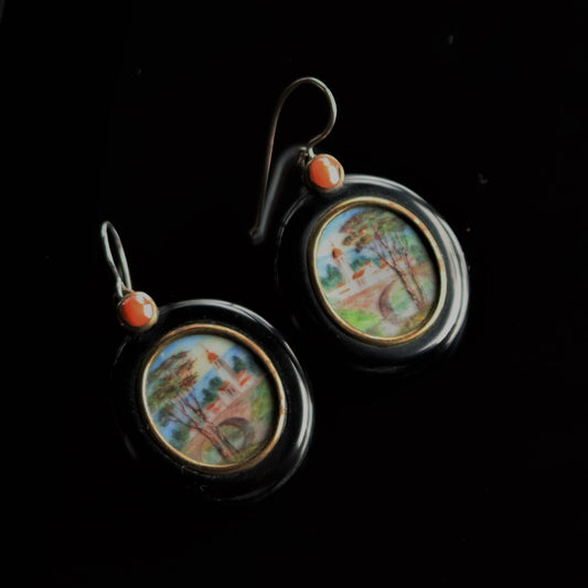 Antique Russian Jet Gold and Coral Earrings w/ Hand Painted Miniature Landscape