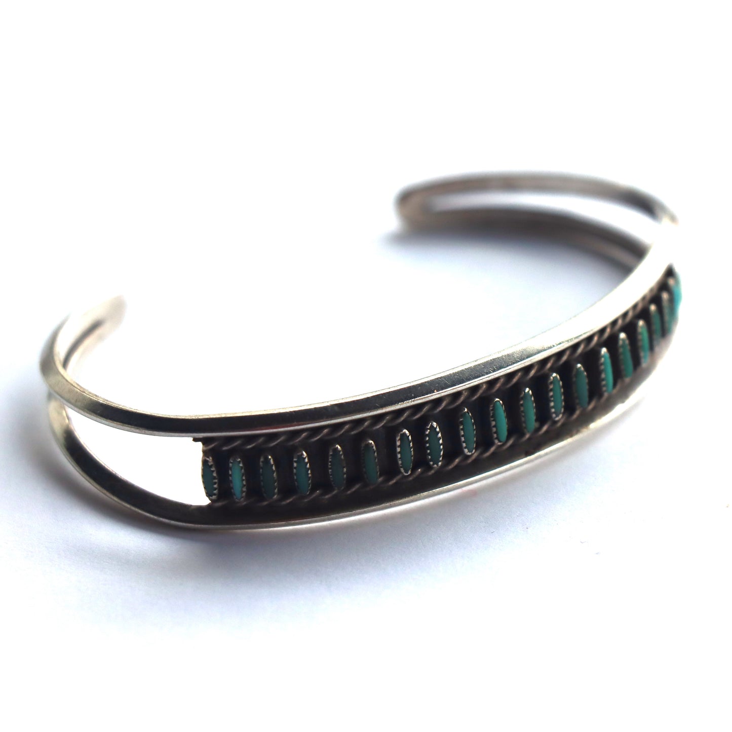 Early Green Petit Point Turquoise Zuni Sterling Silver Signed Cuff Bracelet