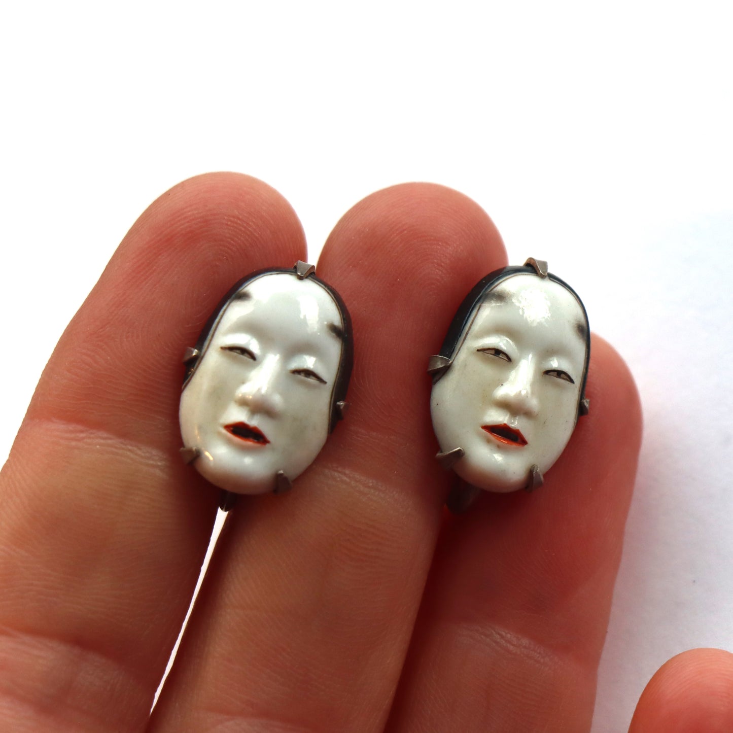 Vintage c1950 Japanese Toshikane Ceramic Noh Mask Screwback Earrings Ko-Omote