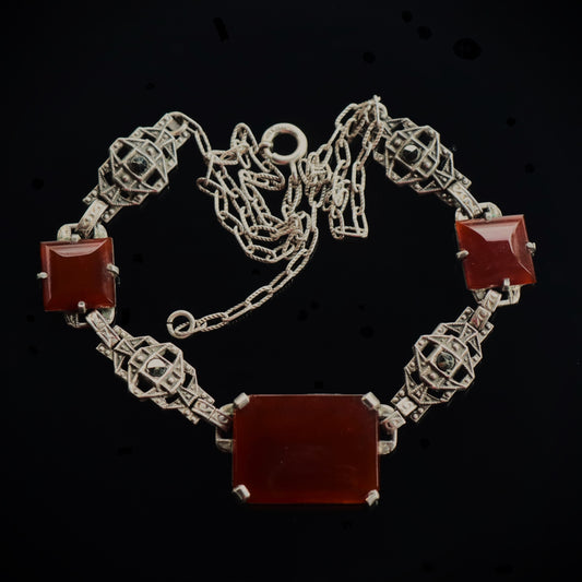 Art Deco Sterling Silver Carnelian and Marcasite Necklace c1930