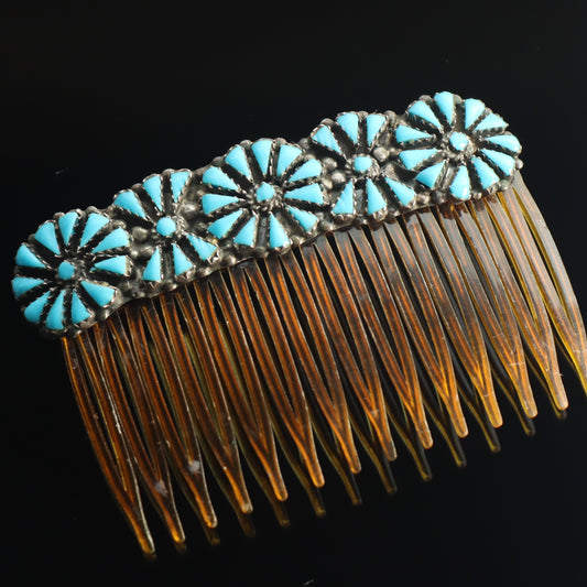 Vintage un Signed Zuni Sterling Silver Floral Petit Point Blue Turquoise Hair Comb