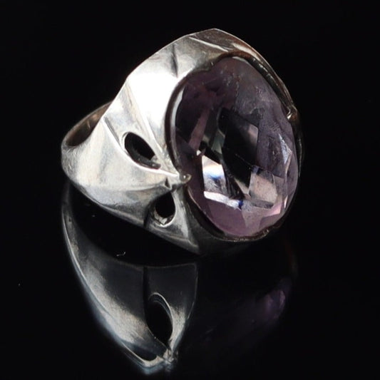 Vintage Art Deco Linen Fold Sterling Silver 9ct oval Amethyst Cocktail Ring sz 5.25