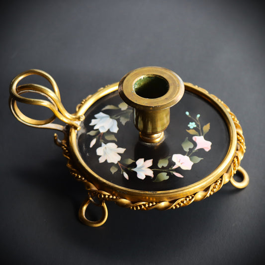 Antique 19th century French Gilded Brass Pietra Dura Floral Chamberstick